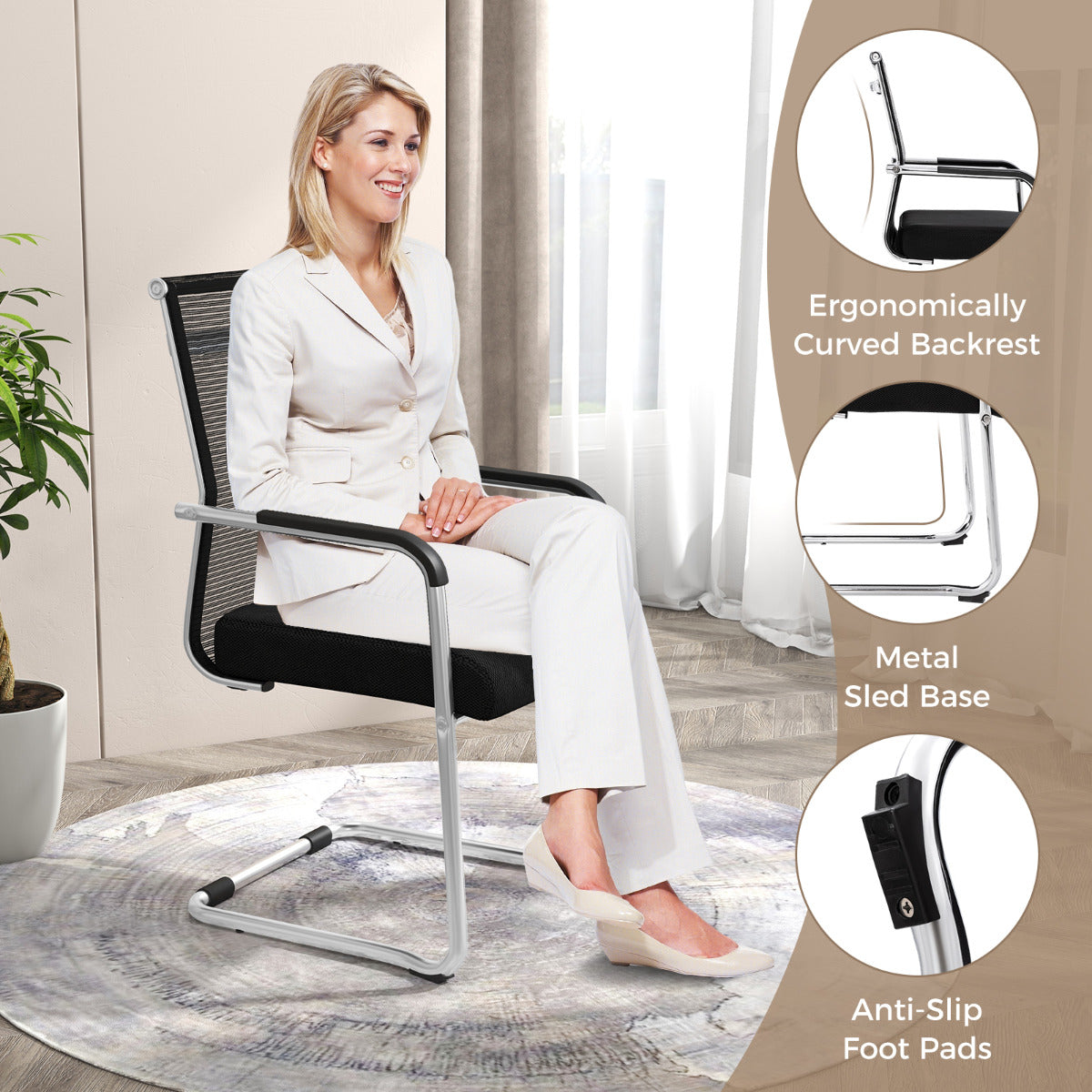 Set of 2 Executive Office Guest Chairs with Metal Sled Base-Black
