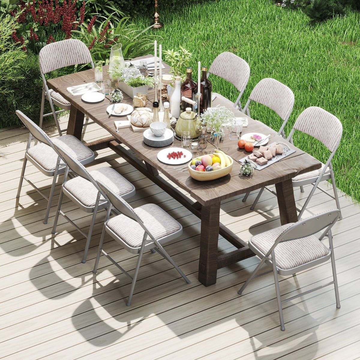 Set of 2 Folding Padded Party PVC Leather Stackable Chairs-Beige
