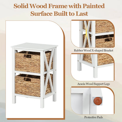 Set of 2 Nightstands Drawer Sofa Side Table with Seagrass Baskets-White-2-Tier