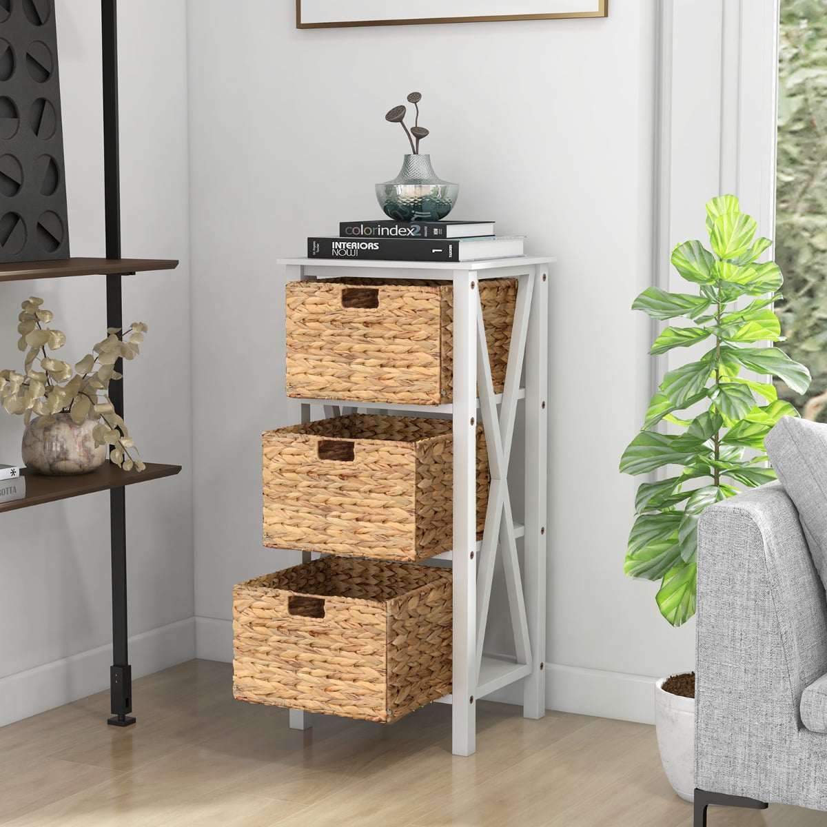 Set of 2 Nightstands Drawer Sofa Side Table with Seagrass Baskets-White-3-Tier