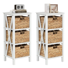 Set of 2 Nightstands Drawer Sofa Side Table with Seagrass Baskets-White-3-Tier