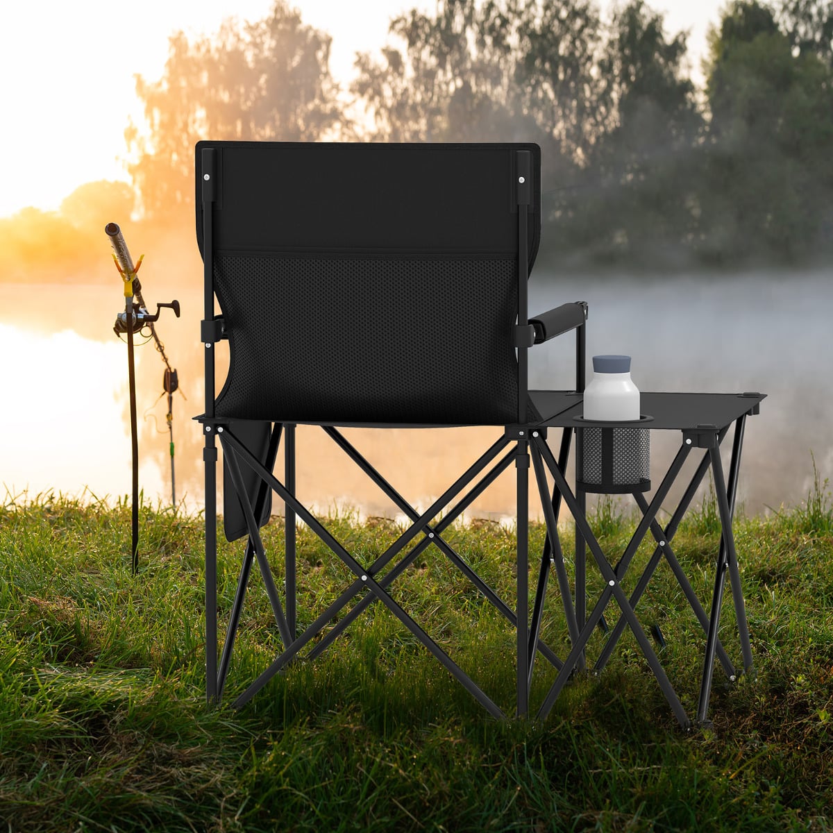 Set of 2 Oversized Camping Chair with Side Table and Storage Pockets-Black