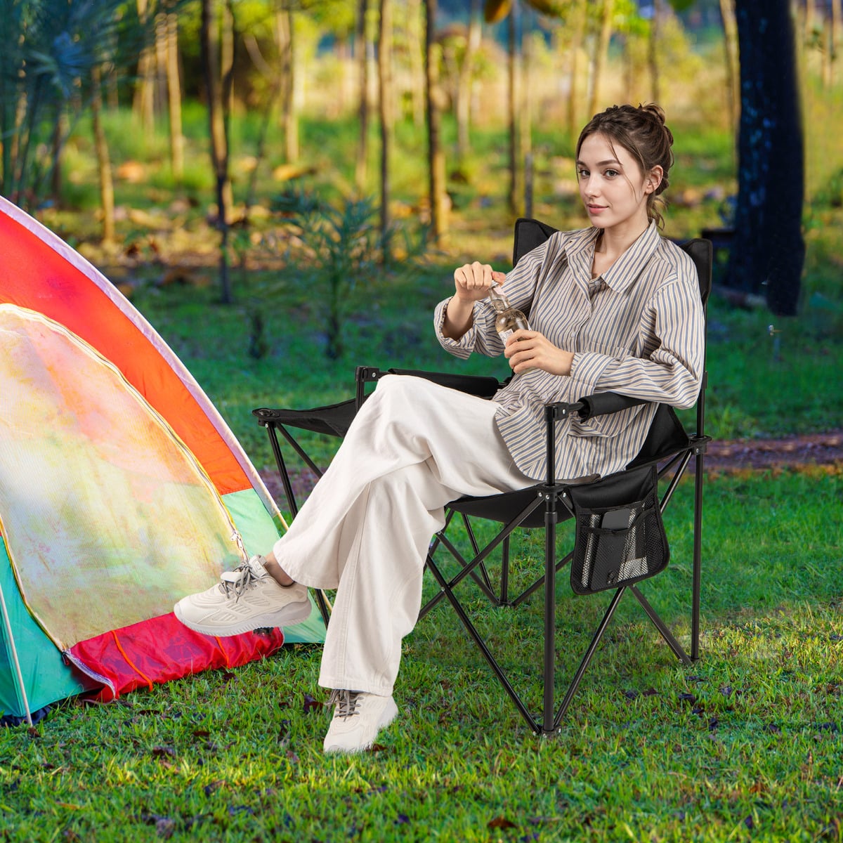 Set of 2 Oversized Camping Chair with Side Table and Storage Pockets-Black