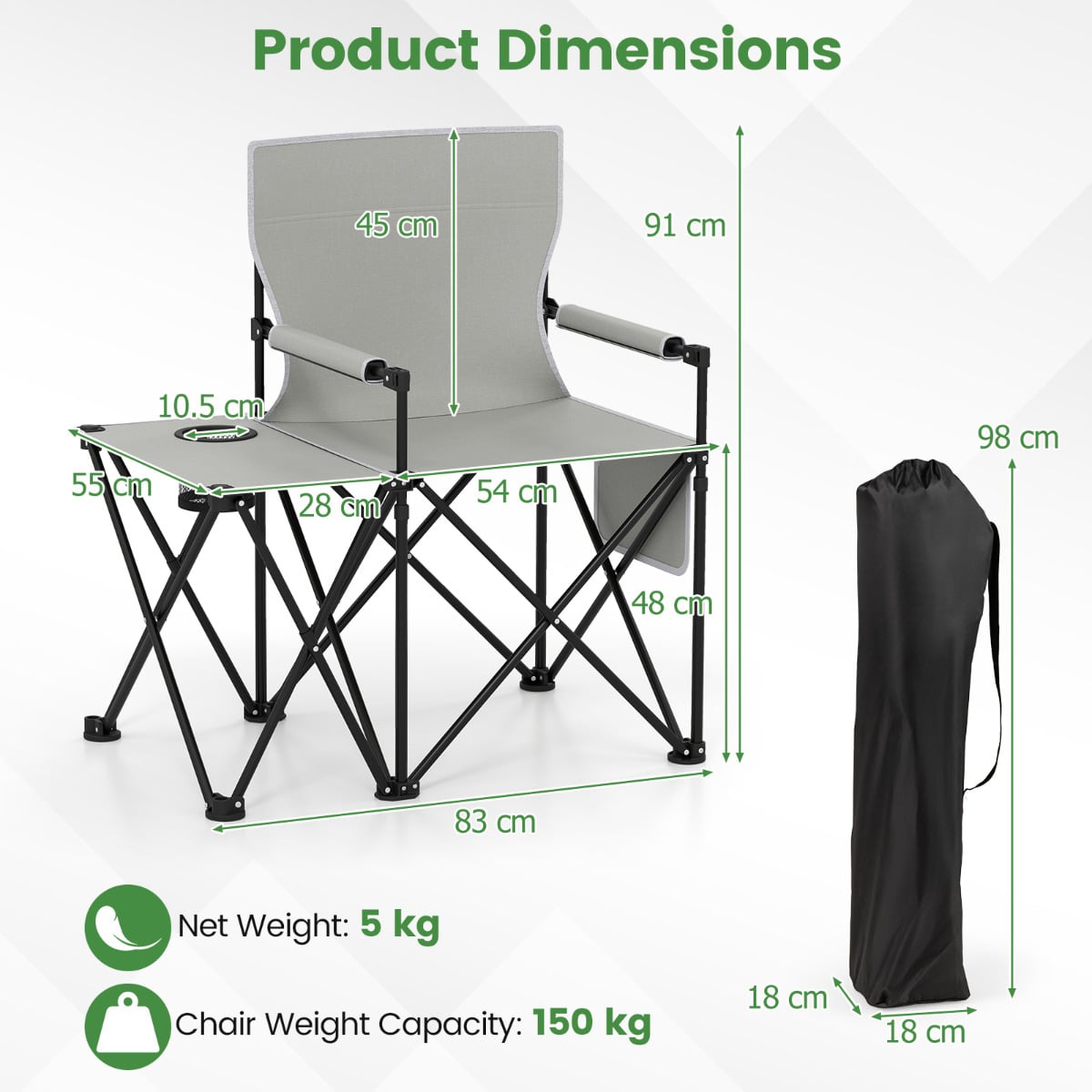 Set of 2 Oversized Camping Chair with Side Table and Storage Pockets-Grey