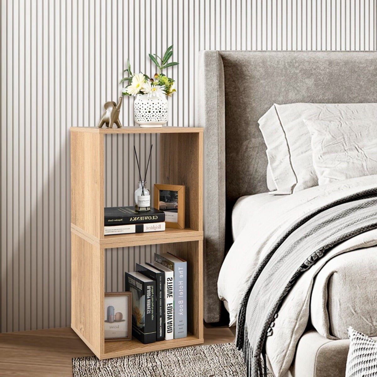 Set of 2 Bookcase Stackable Nightstand with Storage Cubes-Natural
