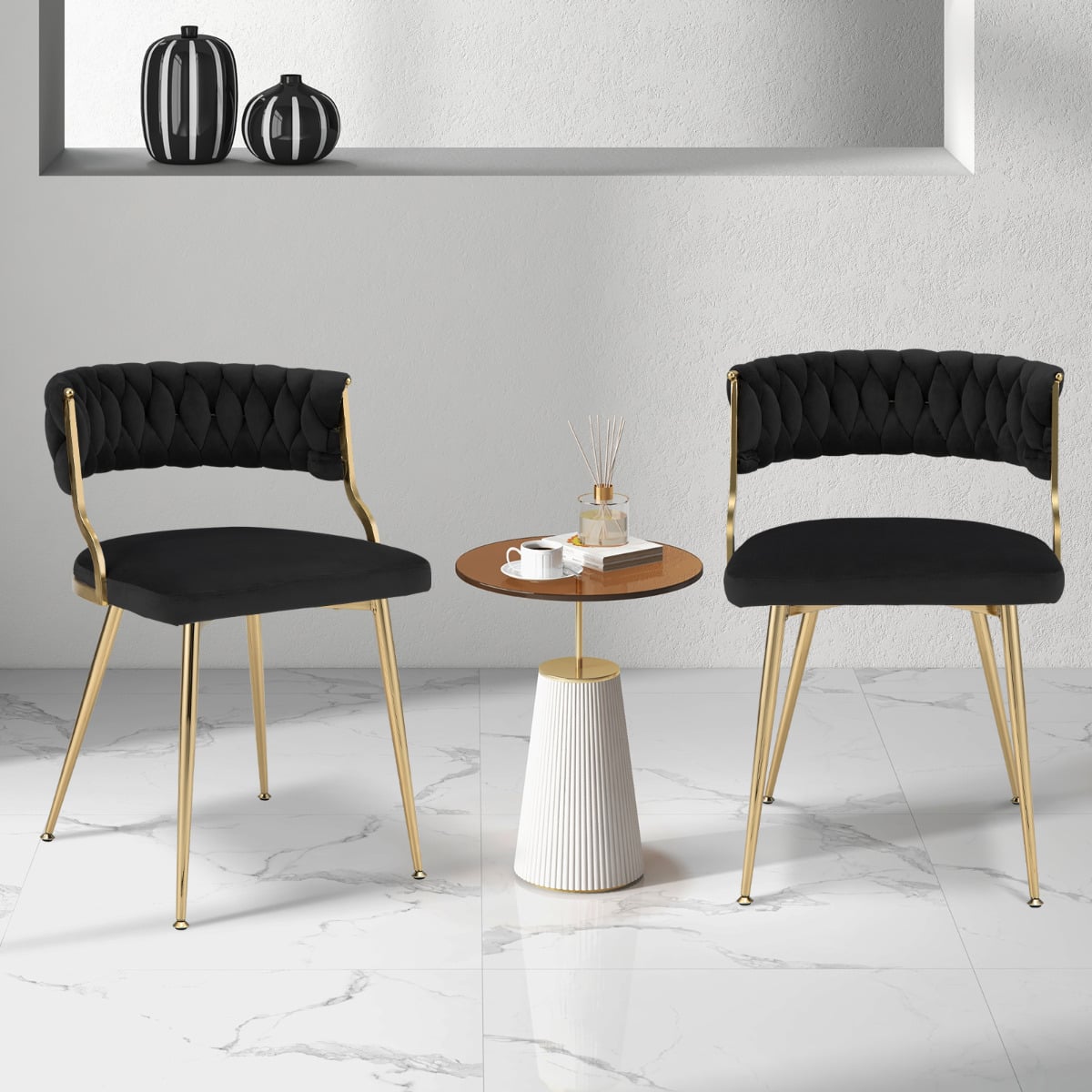 Set of 2 Velvet Dining Chair with Metal Legs and Woven Back-Black