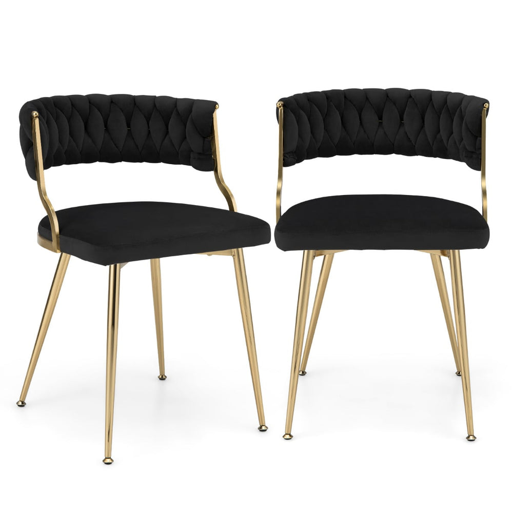 Set of 2 Velvet Dining Chair with Metal Legs and Woven Back-Black