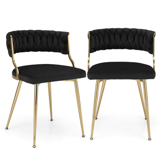 Set of 2 Velvet Dining Chair with Metal Legs and Woven Back-Black