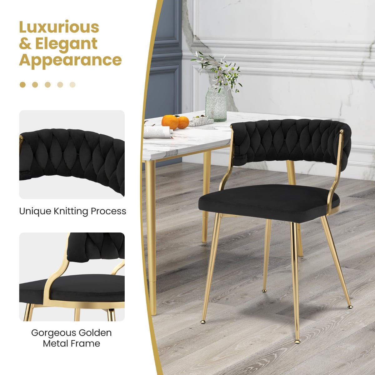 Set of 2 Velvet Dining Chair with Metal Legs and Woven Back-Black