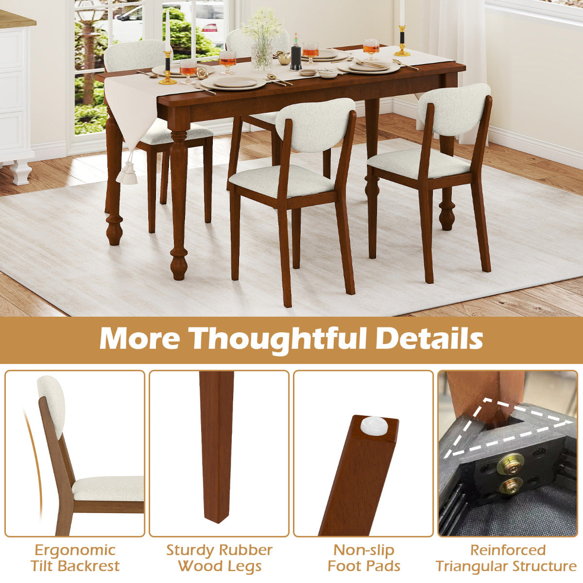 Set of 4 Sherpa Dining Chairs with Rubber Wood Legs-Walnut