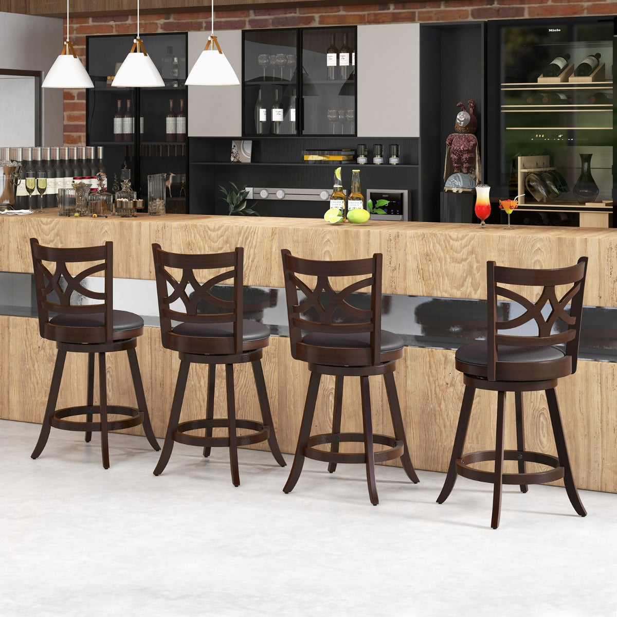 61/74 cm Set of 4 Swivel Counter Height Bar Stools with Backrest and Footrest-61 cm