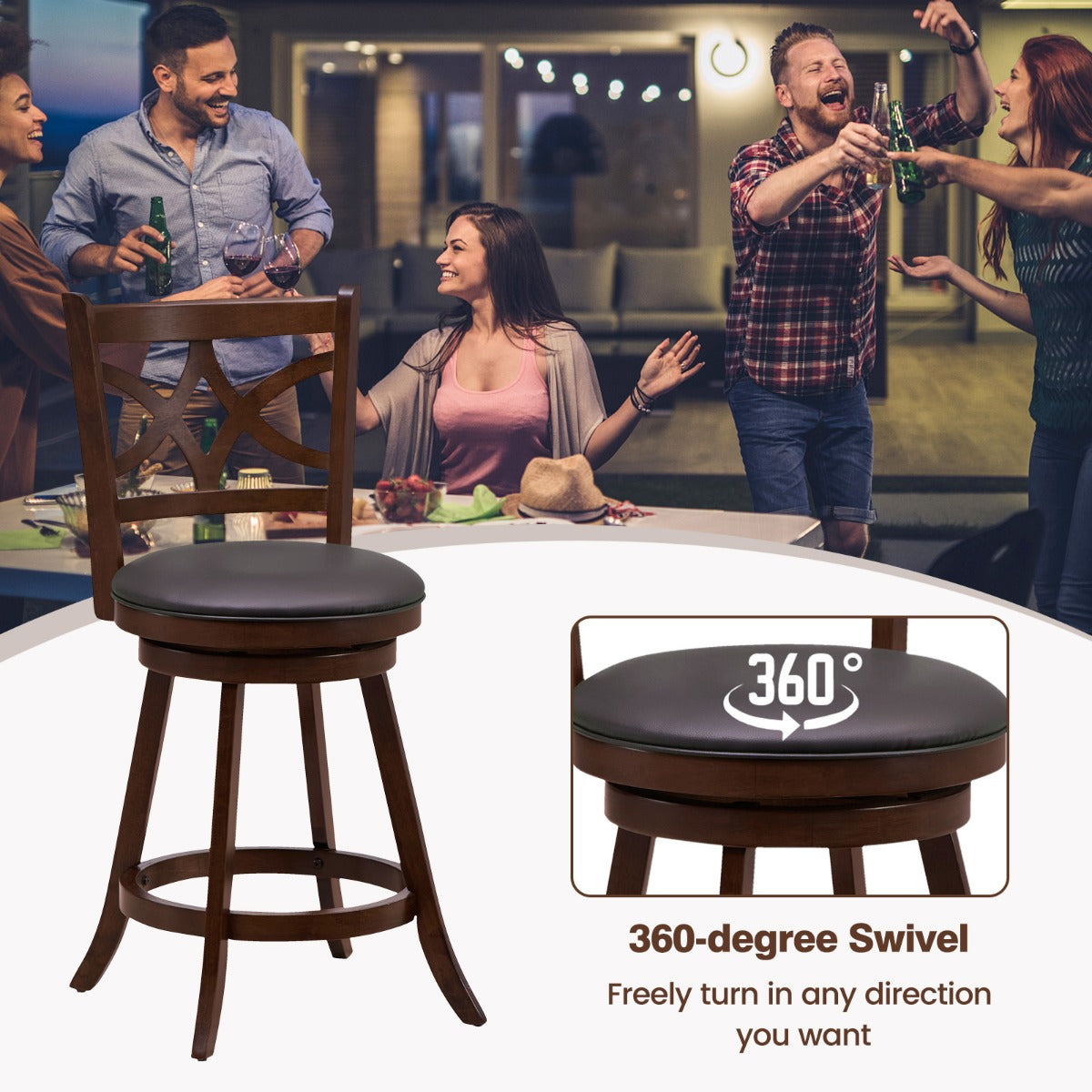 61/74 cm Set of 4 Swivel Counter Height Bar Stools with Backrest and Footrest-61 cm