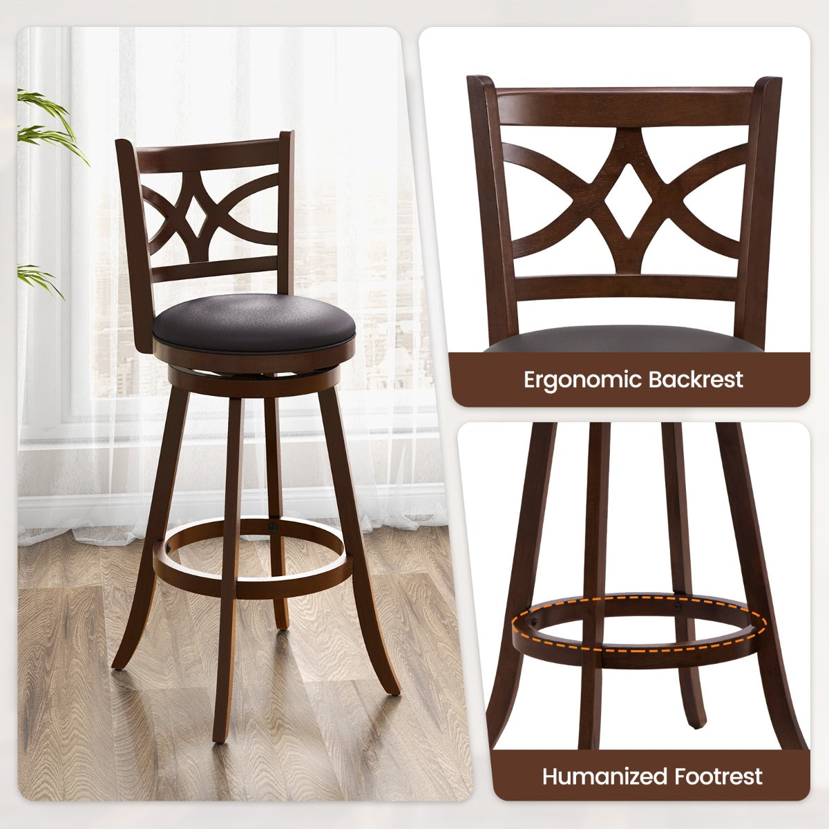 61/74 cm Set of 4 Swivel Counter Height Bar Stools with Backrest and Footrest-74 cm