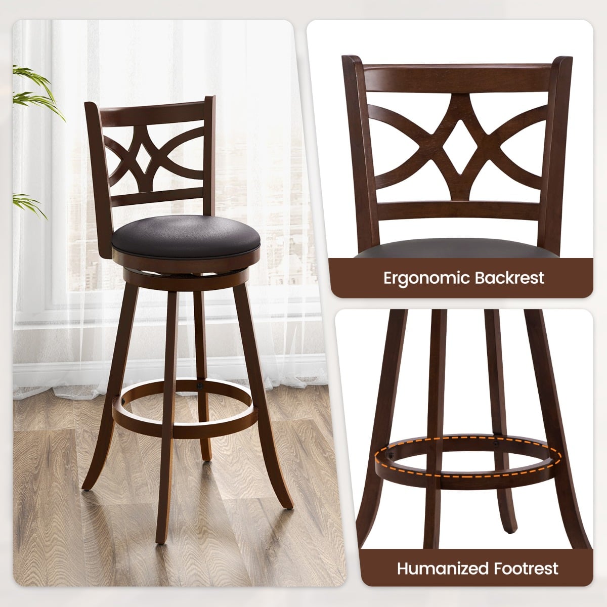 61/74 cm Set of 4 Swivel Counter Height Bar Stools with Backrest and Footrest-74 cm