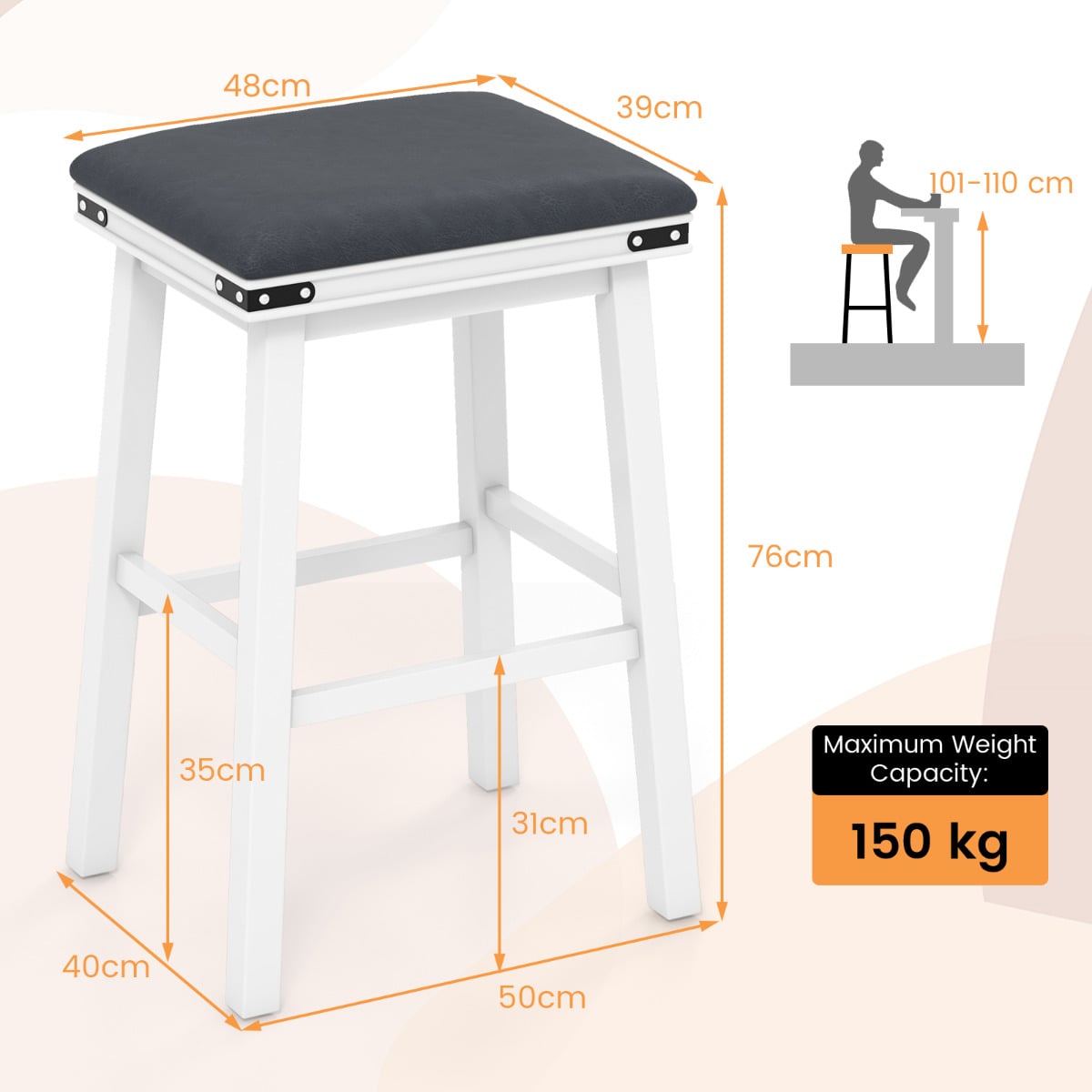 Set of 4 Upholstered Bar Stool 76cm Backless Height Bar with Footrest-White