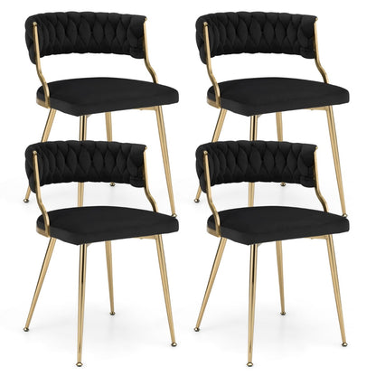 Set of 4 Velvet Dining Chair with Metal Legs and Woven Back-Black