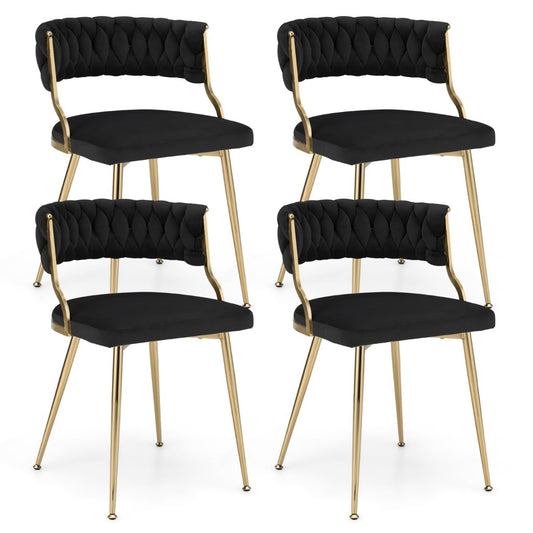 Set of 4 Velvet Dining Chair with Metal Legs and Woven Back-Black