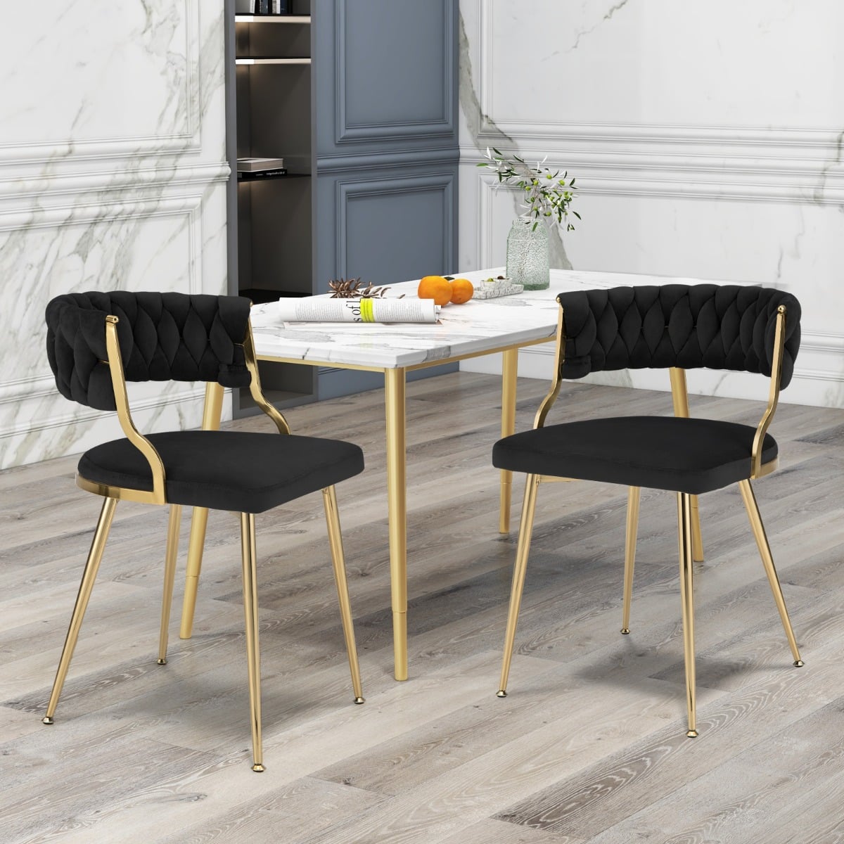 Set of 4 Velvet Dining Chair with Metal Legs and Woven Back-Black