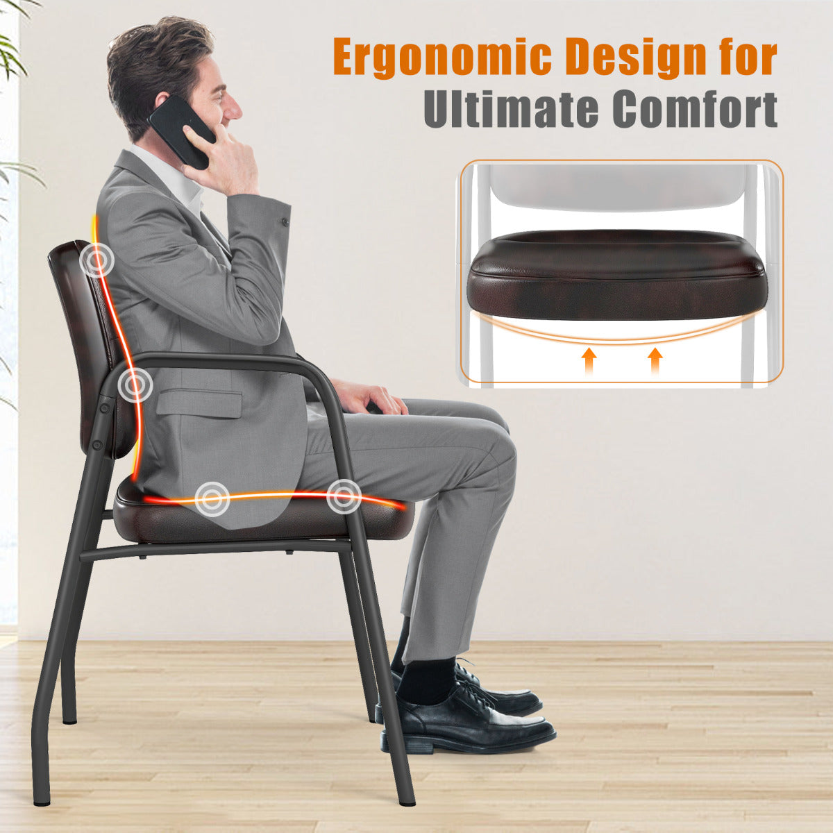 Set of 4 Waiting Room Chairs with Integrated Armrests No Wheels-Rustic Brown
