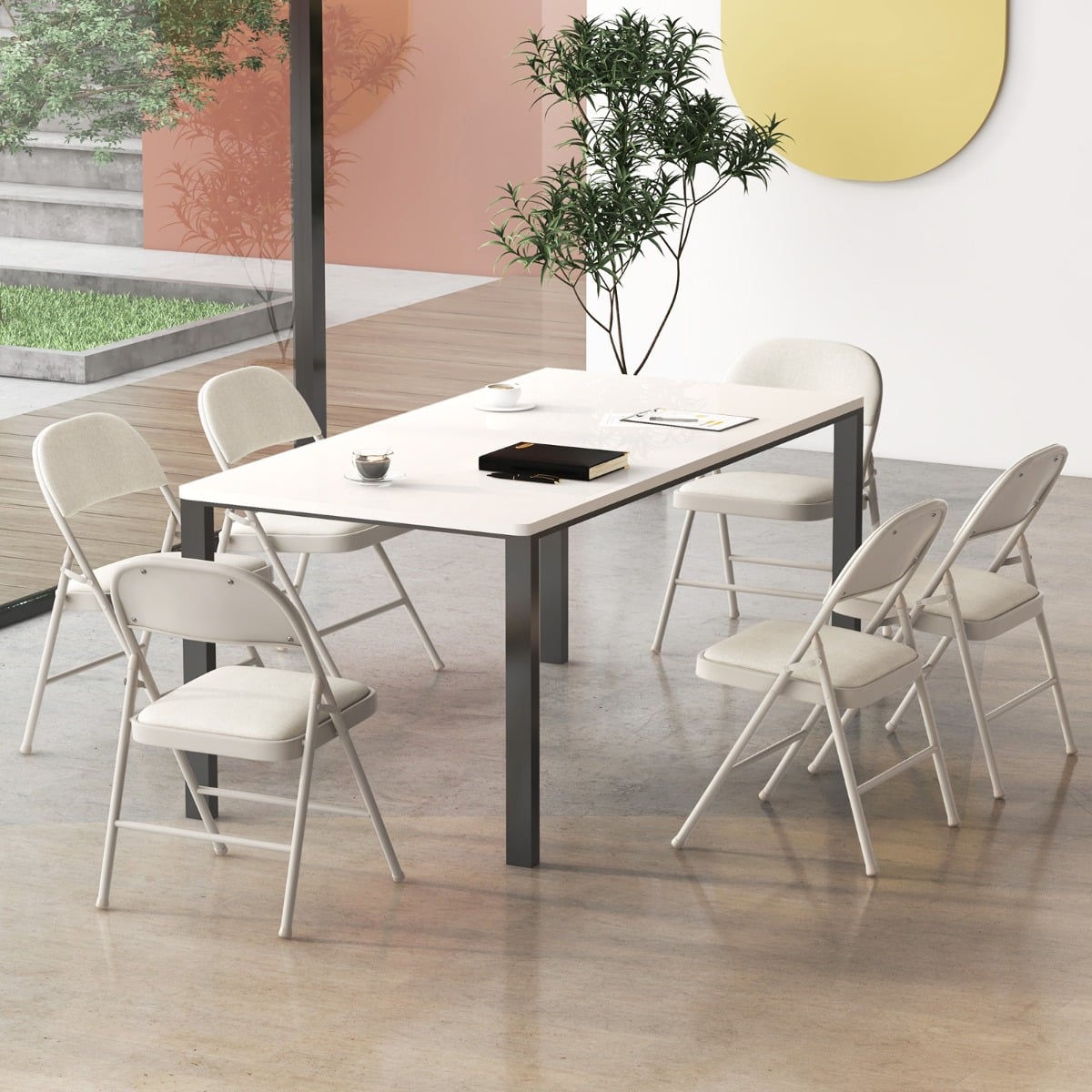Set of 6 Folding Fabric Padded Chairs&amp;nbsp;with Sponge Seat&amp;nbsp;and Backrest-Beige