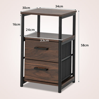Retro Nightstand Set of 2 Metal Frame Bedside Table-Walnut-Set of 2