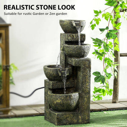 Outsunny Garden Water Feature Waterfall Fountain with 4-Tier Stone Look Bowls, Adjustable Flow