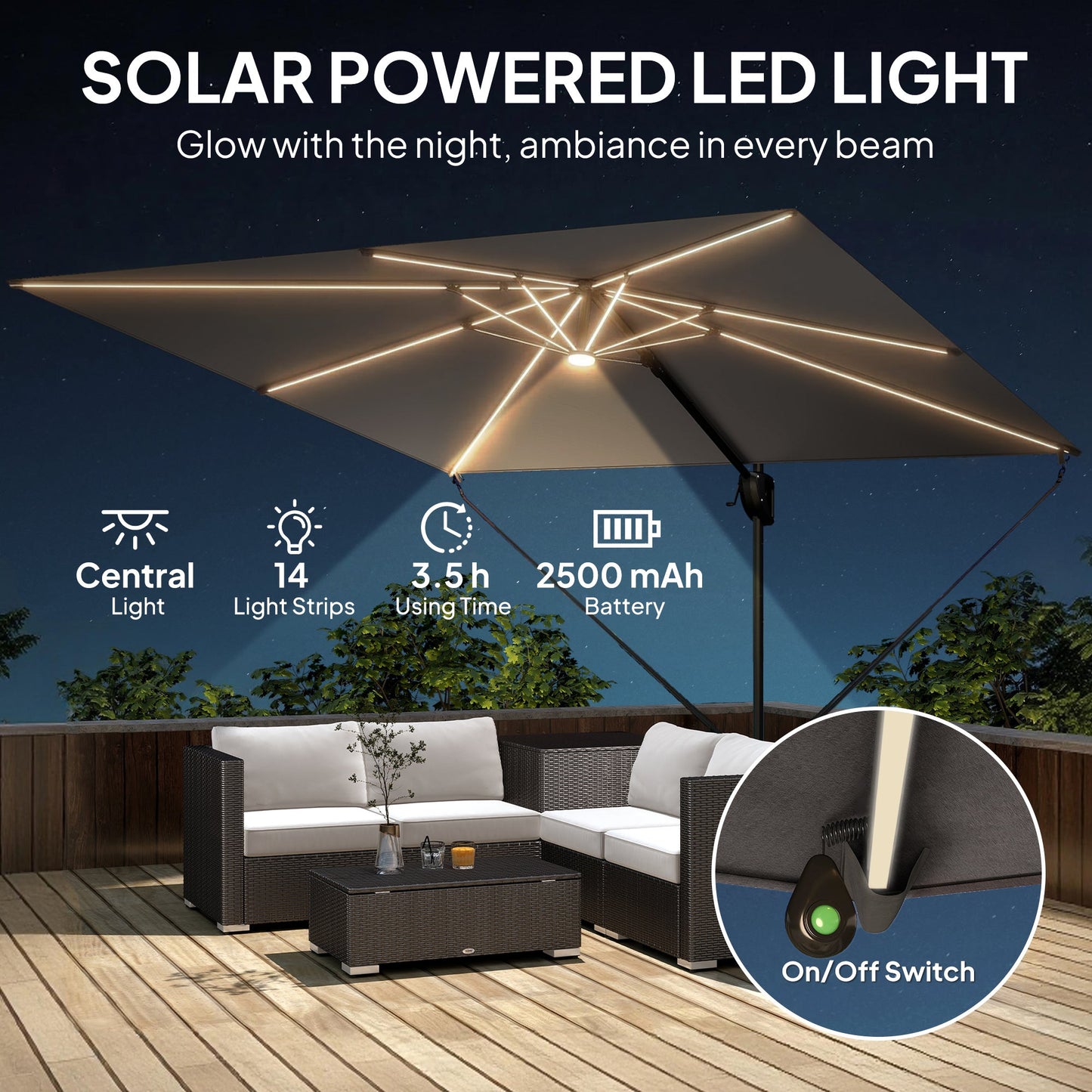 Outsunny 3 x 3 m Garden Cantilever Parasol w/ Light, Cover, UPF50+ Patio Umbrella w/ Wind Protection, 360Â° Rotation, Dark Grey