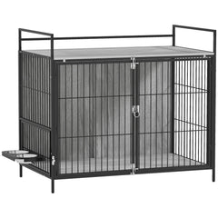 PawHut Large Dog Crate Furniture with Rotating Bowl Holder, 2 Bowls, 2 Doors, for Large Dogs, 100 x 60 x 88 cm, Grey