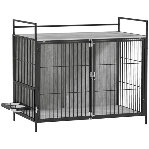 PawHut Large Dog Crate Furniture with Rotating Bowl Holder, 2 Bowls, 2 Doors, for Large Dogs, 100 x 60 x 88 cm, Grey