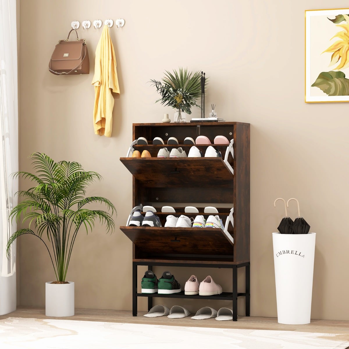 Shoe Storage Cabinet with 2 Flip Drawers and Adjustable and Removable Shelves-Rustic Brown