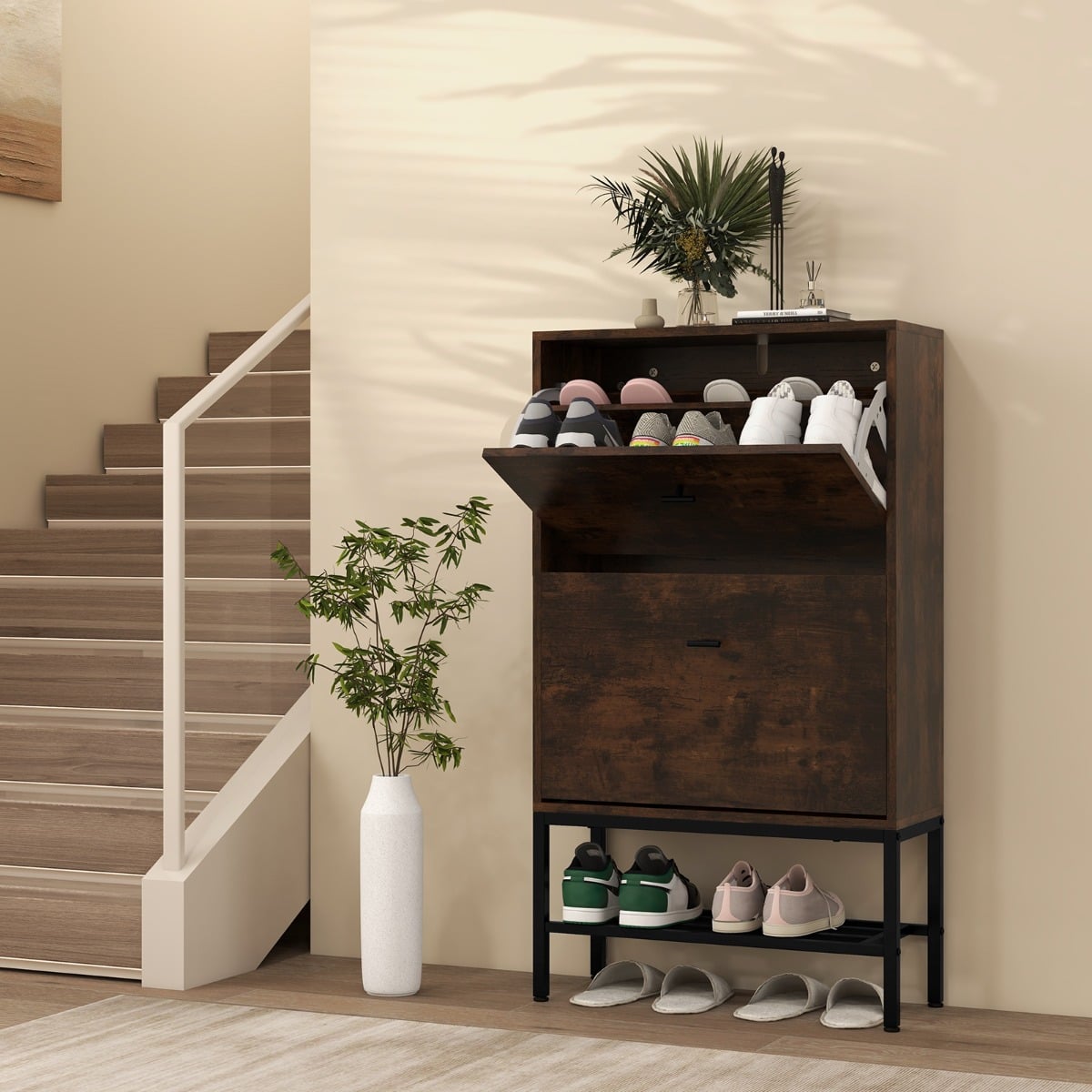 Shoe Storage Cabinet with 2 Flip Drawers and Adjustable and Removable Shelves-Rustic Brown