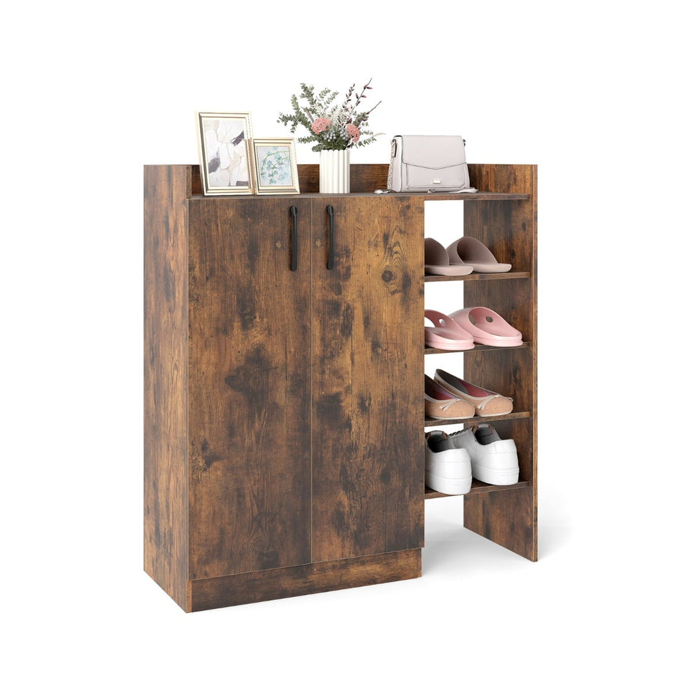 Shoe Storage Organizer with 2 Adjustable Inner Shelves and 4 Open Shelves-Rustic Brown