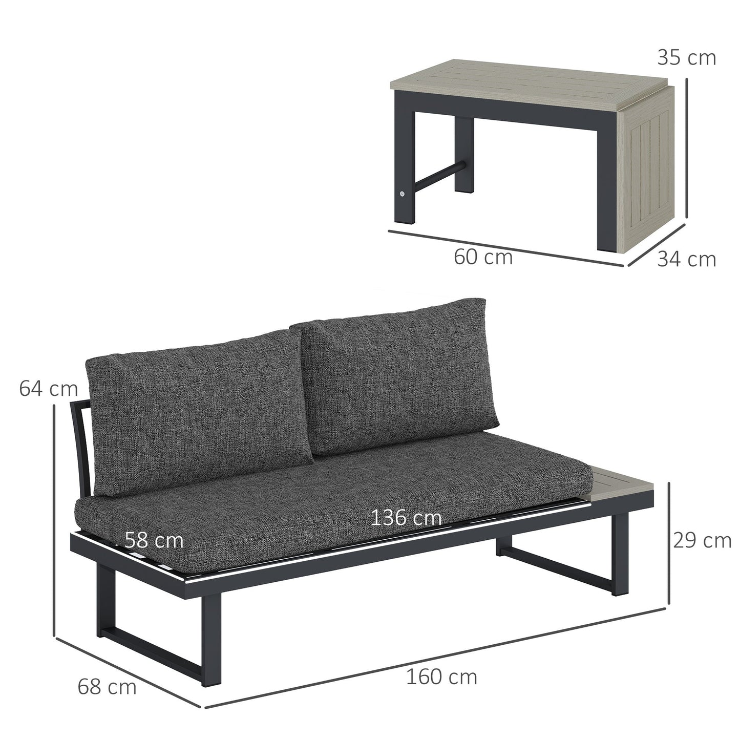 Outsunny 4 Seater L Shaped Aluminium Sectional Garden Furniture Set with 2 Loveseats and Wood-Plastic Coffee Table - Dark Grey