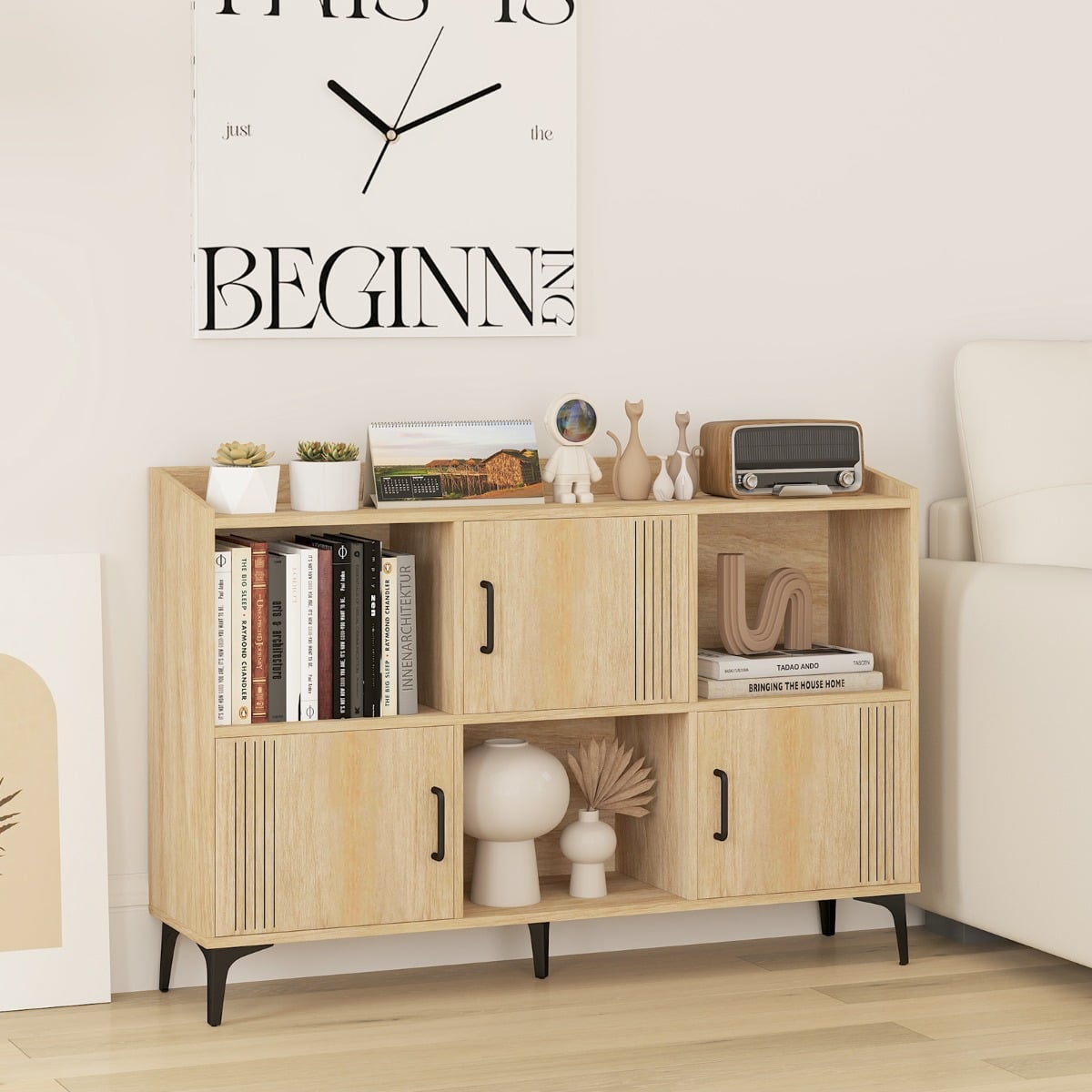 Sideboard Storage Cabinet Bookcase with 3 Doors and Open Compartments -Oak