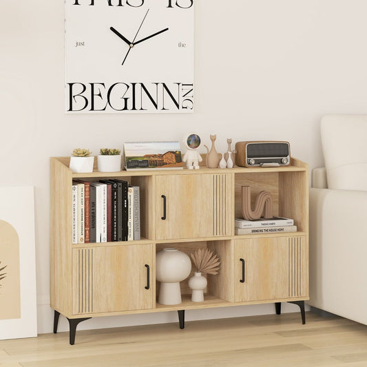 Sideboard Storage Cabinet Bookcase with 3 Doors and Open Compartments -Oak