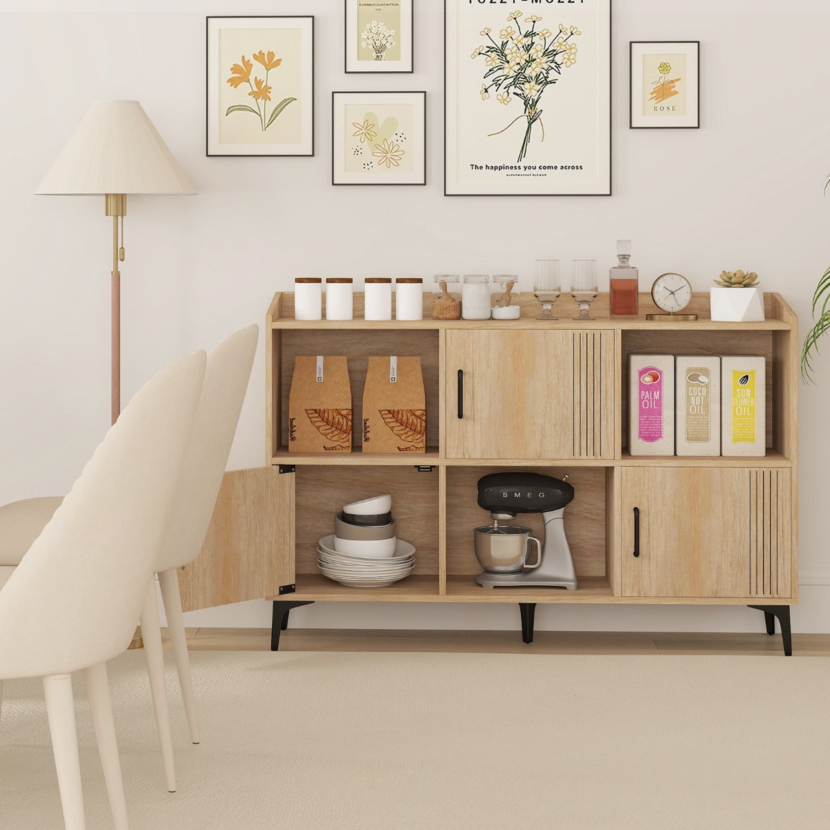 Sideboard Storage Cabinet Bookcase with 3 Doors and Open Compartments -Oak