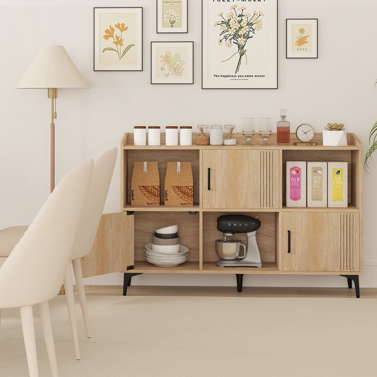 Sideboard Storage Cabinet Bookcase with 3 Doors and Open Compartments -Oak