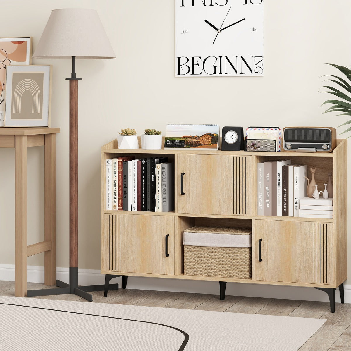 Sideboard Storage Cabinet Bookcase with 3 Doors and Open Compartments -Oak