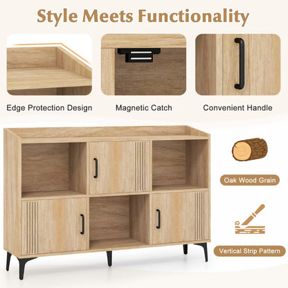 Sideboard Storage Cabinet Bookcase with 3 Doors and Open Compartments -Oak