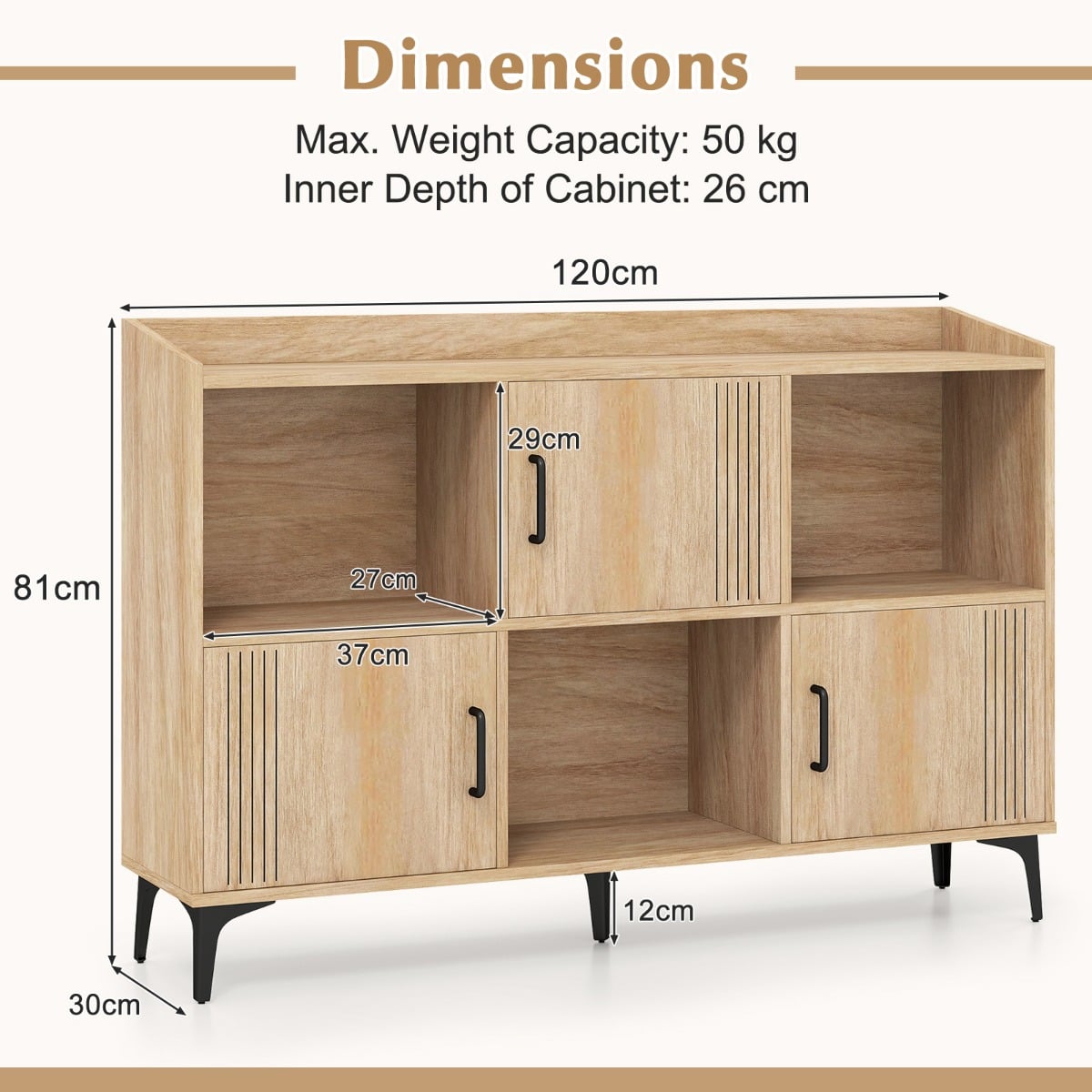 Sideboard Storage Cabinet Bookcase with 3 Doors and Open Compartments -Oak