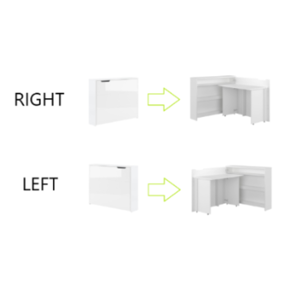 White L-shaped desk with arrows indicating assembly directions on a white background