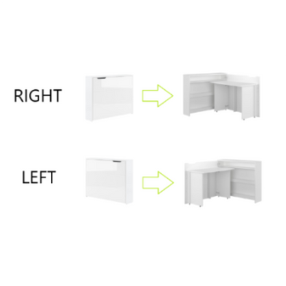White L-shaped desk with arrows indicating assembly directions on a white background