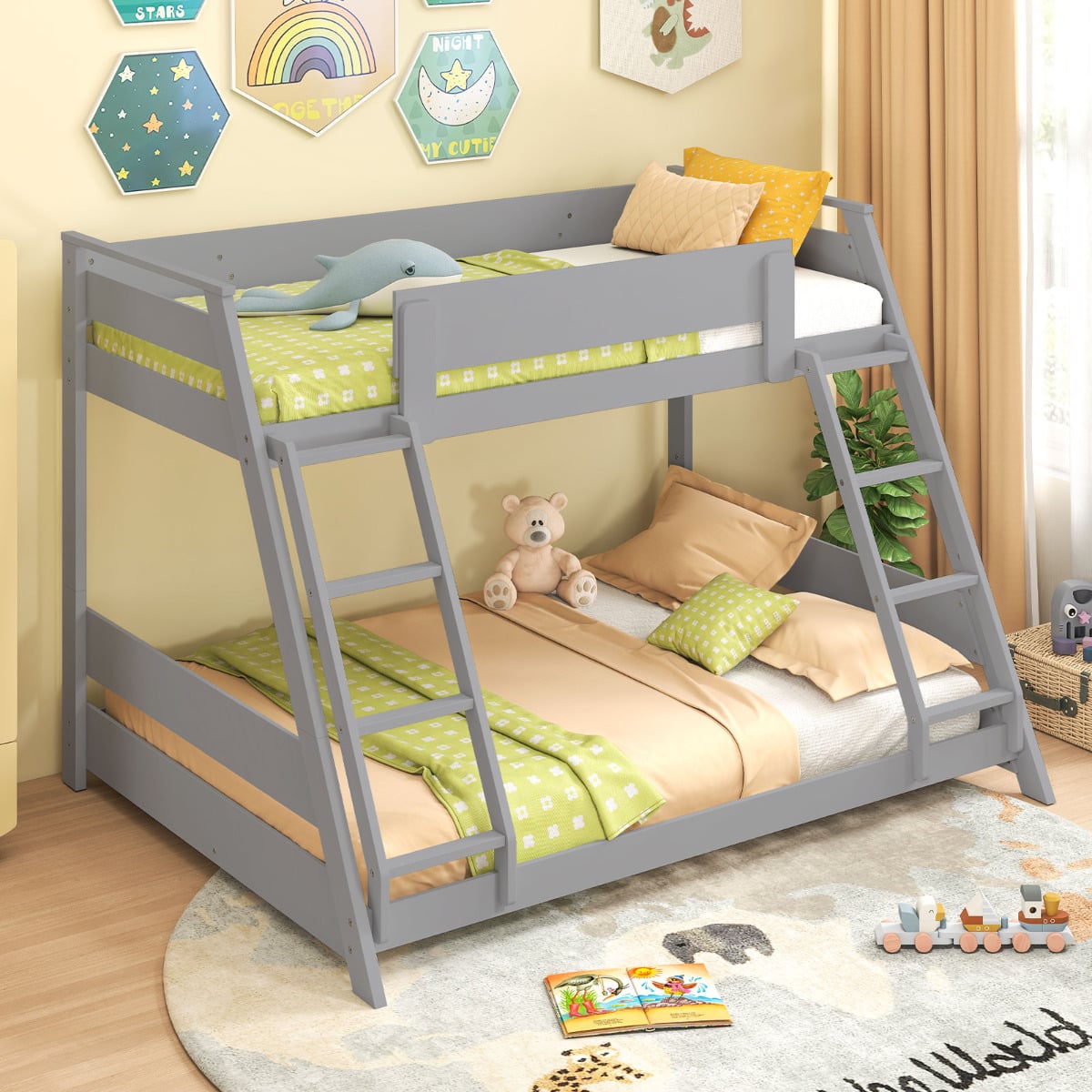 Single Over Double Bunk Bed with Ladders and Safety Guardrails-Grey