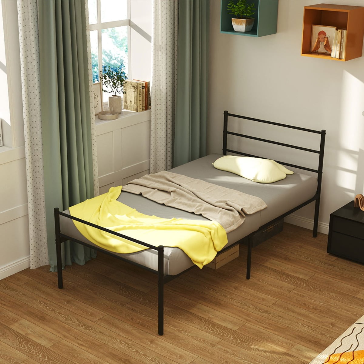 Single Size Modern Bed Frame with Metal Slat Support-Black