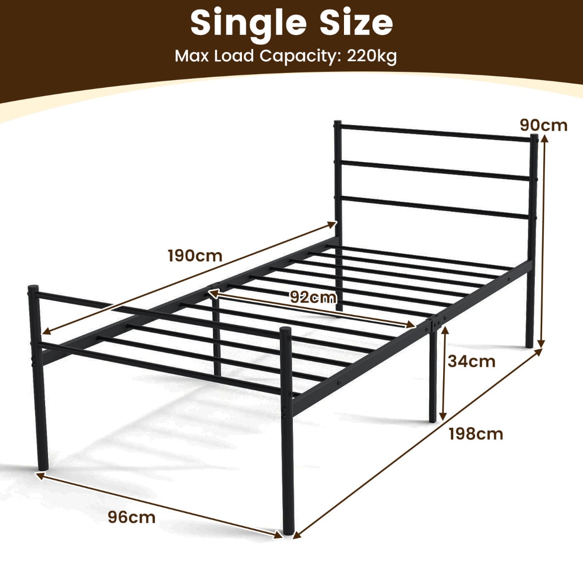 Single Size Modern Bed Frame with Metal Slat Support-Black