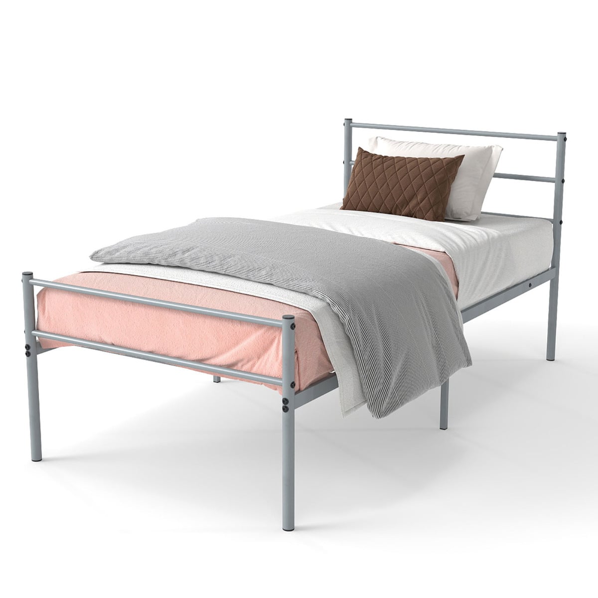 Single Size Modern Bed Frame with Metal Slat Support-Silver