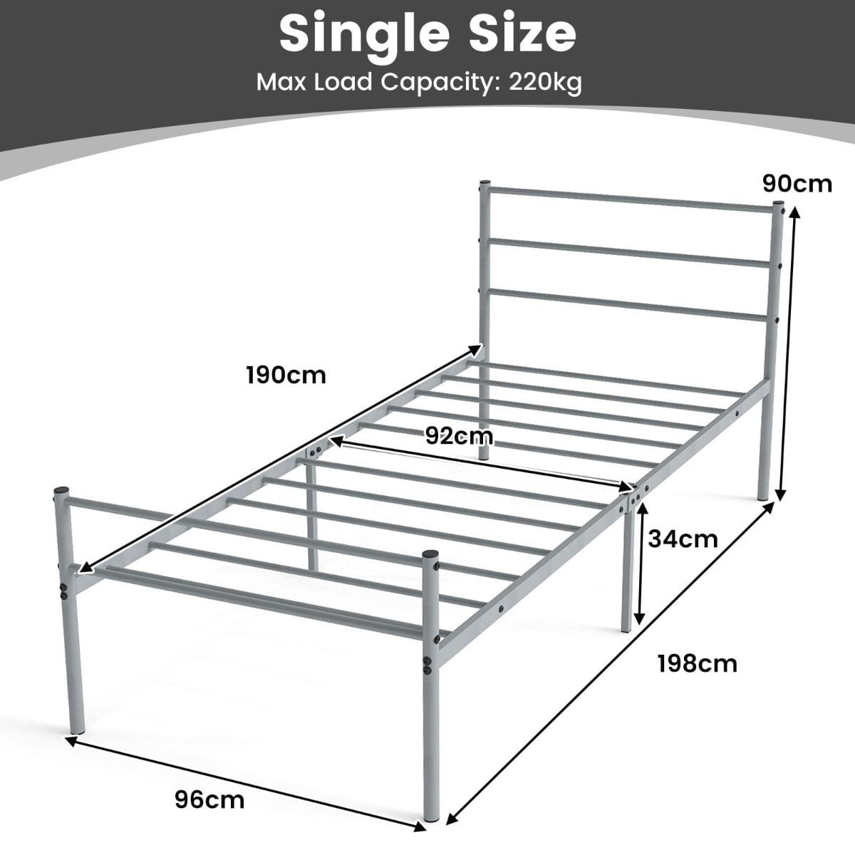 Single Size Modern Bed Frame with Metal Slat Support-Silver