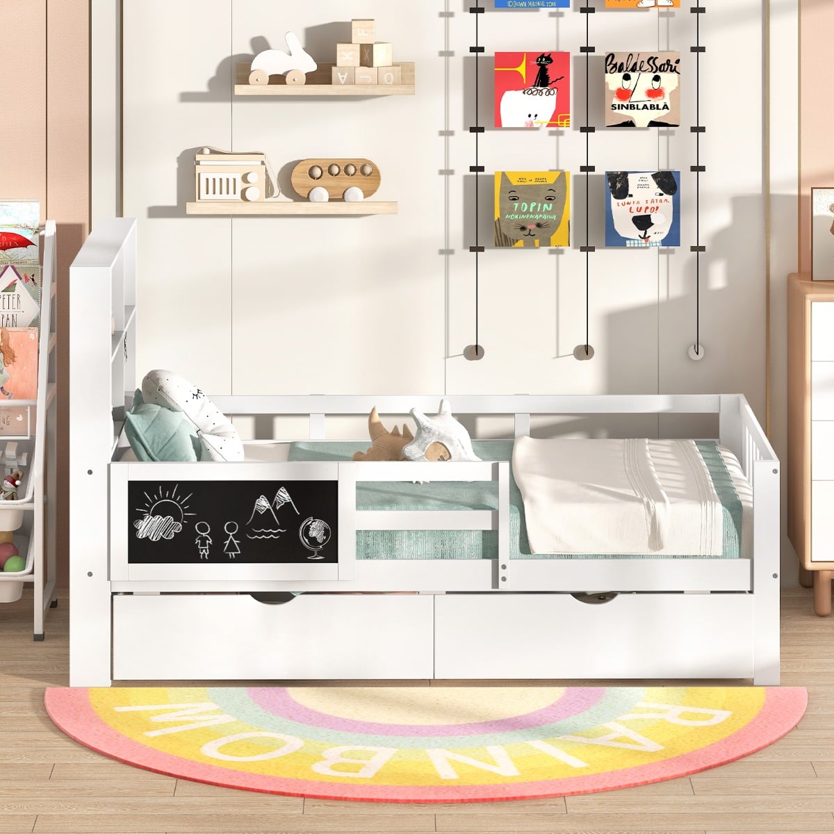 Single/Double Size Bed Frame with 2 Storage Drawers White-Single Size