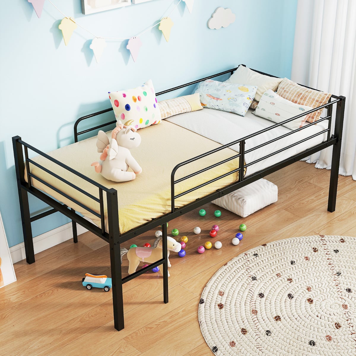 Single Size Low Loft Bed Metal Bed Frame with Safety Guardrails and 2 Ladders-Black