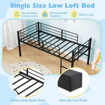 Single Size Low Loft Bed Metal Bed Frame with Safety Guardrails and 2 Ladders-Black